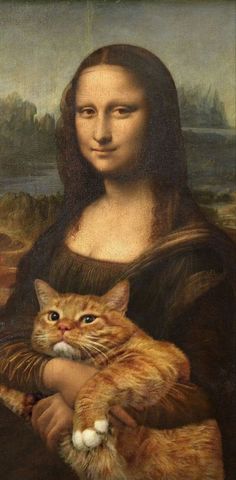 a close up of a painting with a cat on it's chest and the image of monaine