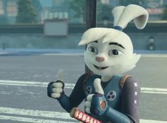 an animated rabbit is holding a skateboard and giving the thumbs up while standing in front of a street sign