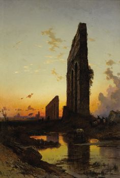 a painting of an old building with water in the foreground and clouds in the background