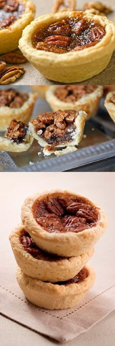 pecan pies are stacked on top of each other