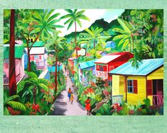 a painting of people walking down a street in a tropical area with houses and trees