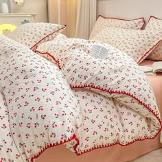 red thread stitched edge red cherries print bedding duvet cover set roomtery aesthetic bedroom decor Red Dorm, Cherry Bed, King Size Bed Sheets, Cotton Comforter Set, Flower Bedding, Full Bedding Sets, Cottagecore Coquette, Comfy Sets, Pastel Room