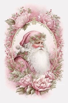 a painting of santa claus with pink flowers