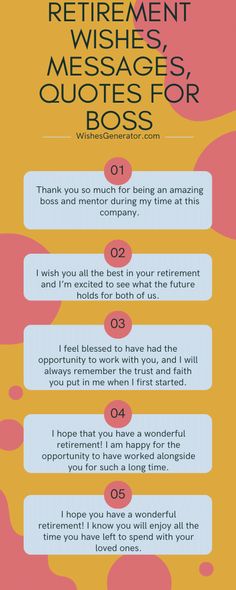 an info sheet with the words retirement wishes, messages, and quotes for boss on it