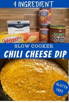 the ingredients for this slow cooker chili cheese dip are shown in three different pictures