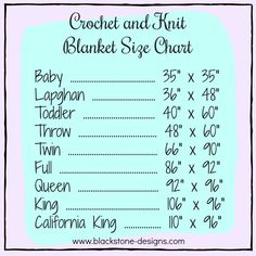 the crochet and knit blanket size chart is shown with measurements for each item