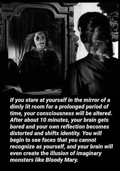 a black and white photo with an image of a woman looking at herself in the mirror