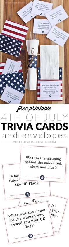 the fourth of july trivia cards and envelopes are displayed on a wooden table