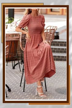 The Casual Long Tiered Dress With a Flattering Elastic Shirred Fitted Top, High Waist Breezy And Flowy Skirt Design Perfectly To Show Your Curves And Hide Your Belly And Hip, Make You Slimmer Visually. Cute Short Puff Sleeve With Playful Ruffle Frills Add More Sweetness, Make You Special