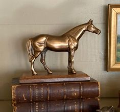 a gold horse figurine on top of two books in front of a painting