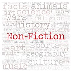 the word non - fiction written in red on a white background with words surrounding it