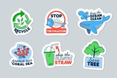 six stickers with different slogans and symbols on them, including the ocean clean