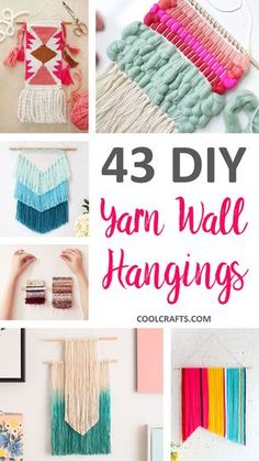 yarn wall hangings with text overlay that reads 43 diy yarn wall hangings