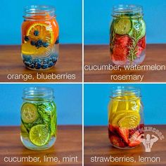 four jars filled with different types of fruits and vegetables, labeled lemons, blueberries, cucumber, watermelon, rosemary