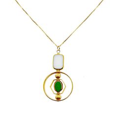 Art Glass & Gold Necklace - This necklace incorporates freshwater pearls and features vintage German glass beads framed in 24k gold and hand-pressed in the 20th century. The eye-catching geometric metal frames are 24K gold-plated over brass and have been coated for anti-tarnish. A 14k gold-filled chain and a spring ring clasp complete the piece. This necklace is composed of naturally-found items; no two are exactly alike. Modern Gold Glass Necklace, White Art Deco, Vintage Pendant Necklace, Bead Frame, Art Deco Pendant, Art Deco Necklace, Metal Frames, The 20th Century, White Art