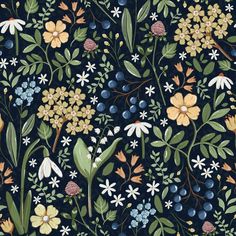 Dekornik Field Of Flowers Navy Blue Wallpaper Flowers Navy Blue, Navy Blue Wallpaper, Wood Colours, Blue Floral Wallpaper, Teenager's Room, Field Of Flowers, Blue Backdrops, Statement Wall, Folk Fashion