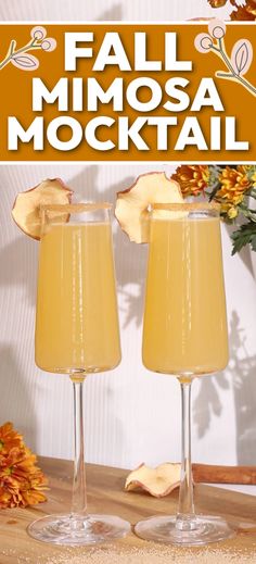 fall mimosa mocko cocktail recipe in two wine glasses on a wooden table