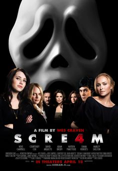 the scream movie poster with many people in black and white outfits, all looking at each other