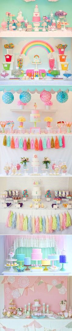 the shelves are filled with different types of cakes and cupcakes in pastel colors