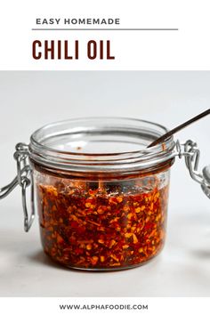 an easy homemade chili in a glass jar with a spoon on the side and text overlay