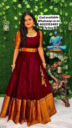 Long Gown Dress From Saree, Saree Dress Design Ideas, Ethnic Crop Top, Long Frocks Designs, Flared Anarkali, Onam Outfits, Gown Green, Long Flared Skirt