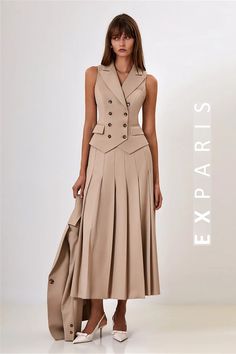 2-pieces Double-breasted Vest Split Skirt Set Long Skirt Suits, Long Pleated Skirt, Split Rock, Double Breasted Vest, Casual Chique, Casual Wear Dress, Pleated Long Skirt, Pleated Maxi Skirt