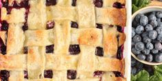 blueberry pie with lattice crust in white dish next to fresh berries and mint leaves