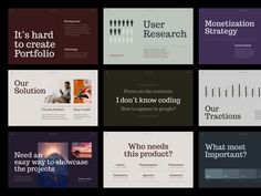 six different presentation slides with the words, it's hard to create portfolio