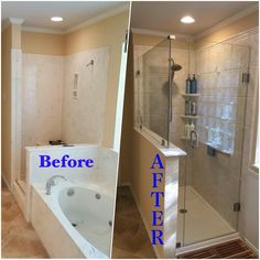 before and after pictures of a bathroom remodel with tub, shower, and sink