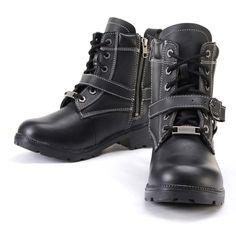 Milwaukee Leather MBL9312 Women's Black Leather Lace-Up 7-Inch Harness Motorcycle Rider Boots w/ Buckle Features Cowhide Leather | These biker boots are crafted of premium full-grain premium 2.2mm thick cowhide black-skin leather. The uppers of these leather motorcycle boots are strongly constructed to ensure exceptional quality and long-lasting durability. Lace Up Side Zipper Adjustable Buckle Closure | These 7-inch-tall motorcycle boots for women feature a secure closure system with a front lace-up, inside side zipper for easy on and off wear, allowing you to easily put them on and ensure a secure fit for a confident bike ride. The women's riding boots boast the industry’s best YKK hardware, bearing Milwaukee’s Leather signature logo, along with a classic O-ring design. Details | The wom Motorcycle Boots Women, Motorcycle Riding Boots, Mens Riding Boots, Women Leather Vest, Leather Jacket Men Style, Leather Motorcycle Boots, Rider Boots, Women's Motorcycle Boots, Womens Riding Boots