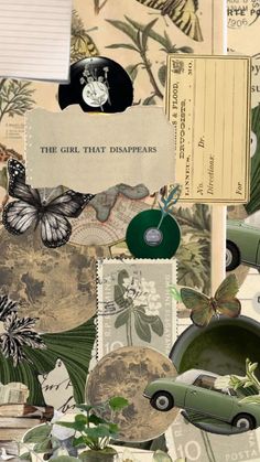 a collage of different types of papers with butterflies and flowers on them, including an old car