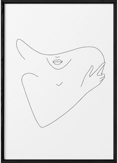 a black and white drawing of a woman's face with her hands on her chest