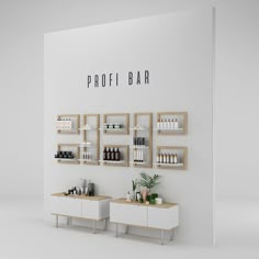 a white wall with shelves and bottles on it that say profi bar in black lettering