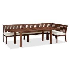 a set of three wooden benches with cushions on each seat and one bench at the end