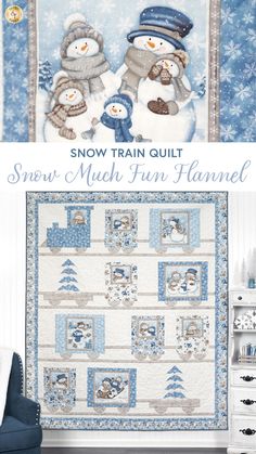 the snowman and penguin quilt pattern is displayed in front of a white wall with blue accents