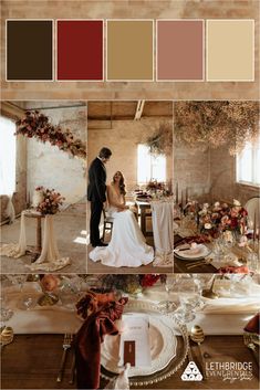 a couple standing next to each other in front of a table with flowers and candles