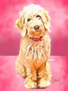 a painting of a dog sitting on a pink background