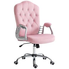 pink office chair with chrome base and armrests on wheels, viewed from the front