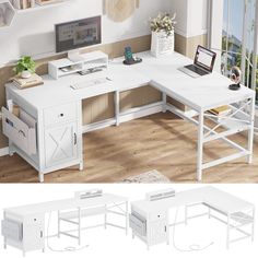 PRICES MAY VARY. 【What can you get?】L shaped desk or long computer desk available, and various options - power strip, drawer, cabinet, bookshelf, storage bag and a removable monitor stand. The tabletop(63"L*19.7"W) could hold two desktop computers and one notebook computer, whitch can help you organize your workspace more efficient. 【Convertible Design】The computer desk has 2 kinds of assembly ways, you can change the l-shaped into a long double desk as you need. The 86.6 inch - length size allo White L Shaped Desk, Drawer Bookshelf, L Shaped Computer Desk, Desk With File Drawer, Desk With Drawer, L Desk, White Desk Office, Bookshelf Storage, Bookshelf Desk