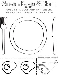 Printable black and white worksheet with a large plate and eggs and ham to color, then cut and paste onto the plate. Green Eggs And Ham Snack Ideas, Preschool Compound Words Activities, Green Eggs And Ham Preschool Craft, Green Egg And Ham Activities, Green Eggs And Ham Activities Preschool Crafts, Free Green Eggs And Ham Printable, Green Eggs And Ham Coloring Page, Dr Suess Green Eggs And Ham Printables, Dr Seuss Crafts Green Eggs And Ham