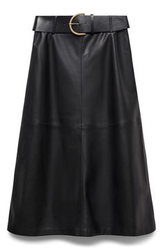 Constructed from paneled faux leather, this elevated midi skirt is shaped by a wide defining belt and a classic A-line silhouette. Hidden back-zip closure Removable belt Lined 100% polyester with 100% polyurethane coating Spot clean Imported Faux Leather Midi Skirt, Kids Vacation, Leather Midi Skirt, Walker Shoes, Holiday Pajamas, Platform Slippers, Denim Leggings, Skin Care Women, Comfortable Dress