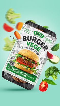 an advertisement for a burger veggie is shown in the air with vegetables flying around it