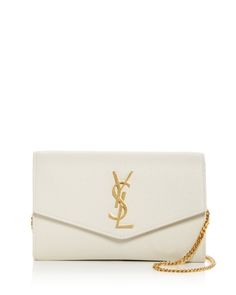 Saint Laurent Uptown Chain Wallet in Grain De Poudre Embossed Leather Ysl Uptown Chain Wallet, White Designer Bag, Ysl Wallet, Yves Saint Laurent Bags, Chain Wallet, Fancy Bags, Luxury Wallet, Boutique Accessories, Saint Laurent Bag