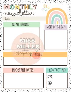 a printable planner with the words, miss miller and important dates