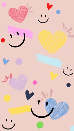 a drawing of hearts and faces on a pink background