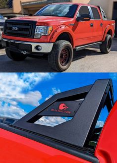 two pictures side by side of a red truck