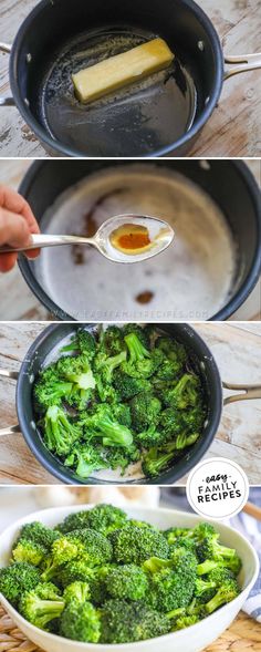 broccoli is being cooked in a pan and then stirred with oil to cook