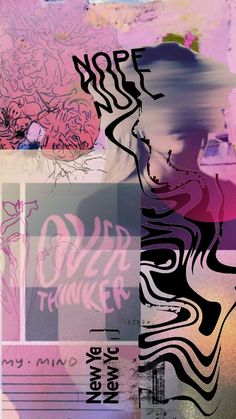 an abstract collage with pink, purple and black images on it's sides