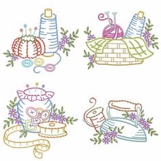 four embroidery designs with different things on them