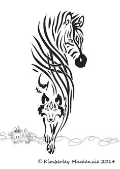 a drawing of a zebra with an animal on it's back and the head in black ink